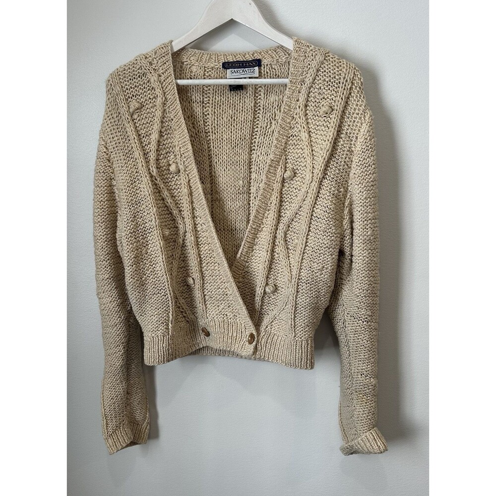 Leon Max Sakowits 100% Wool Knit Unique Wrap Sweater Cardigan Beige Women Medium
